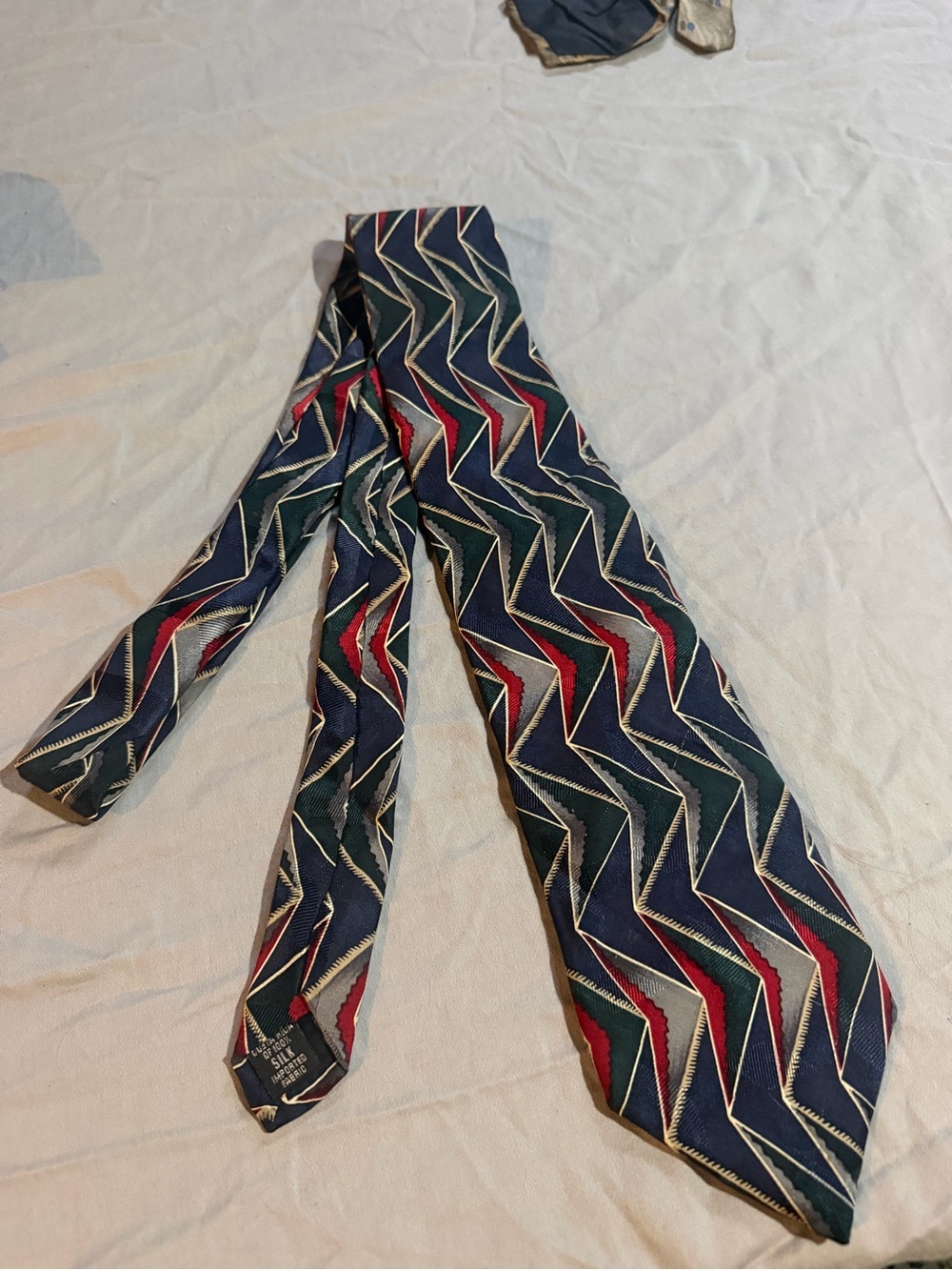 bill blass Navy Silk Tie with Red and Green Zigzag Pattern